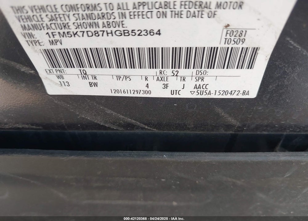 2017 FORD EXPLORER VIN: 1FM5K7D87HGB52364