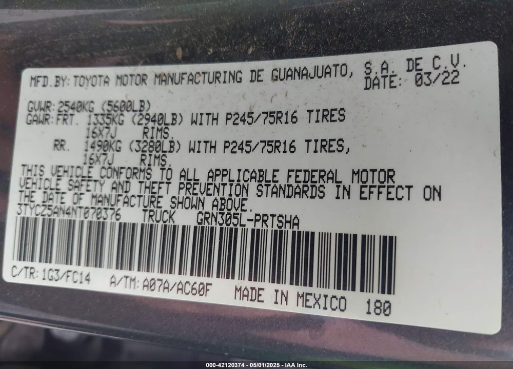 2022 TOYOTA TACOMA SR5 V6 VIN: 3TYCZ5AN4NT070376