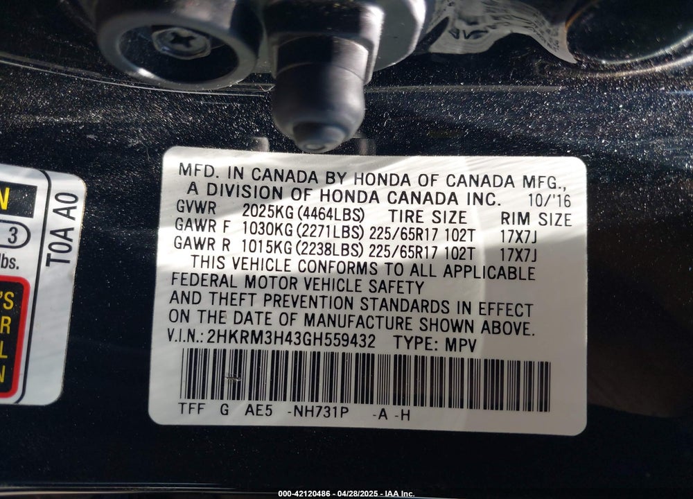 2016 HONDA CR-V SE VIN: 2HKRM3H43GH559432