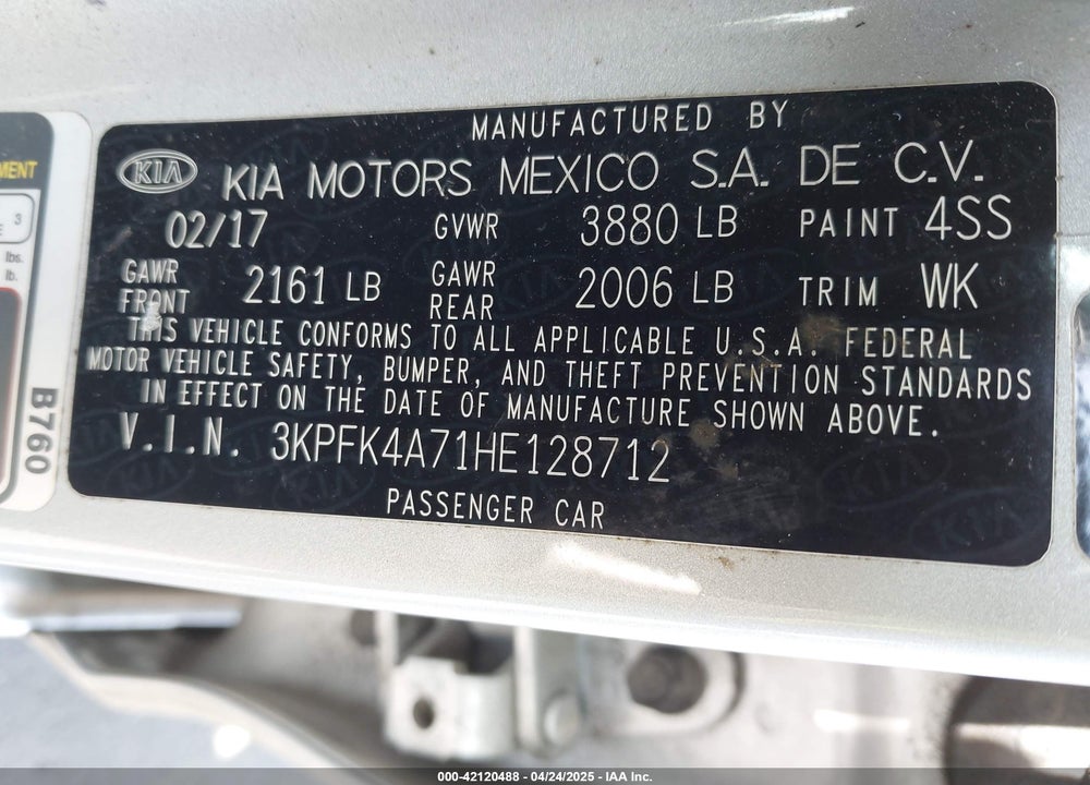 2017 KIA FORTE VIN: 3KPFK4A71HE128712
