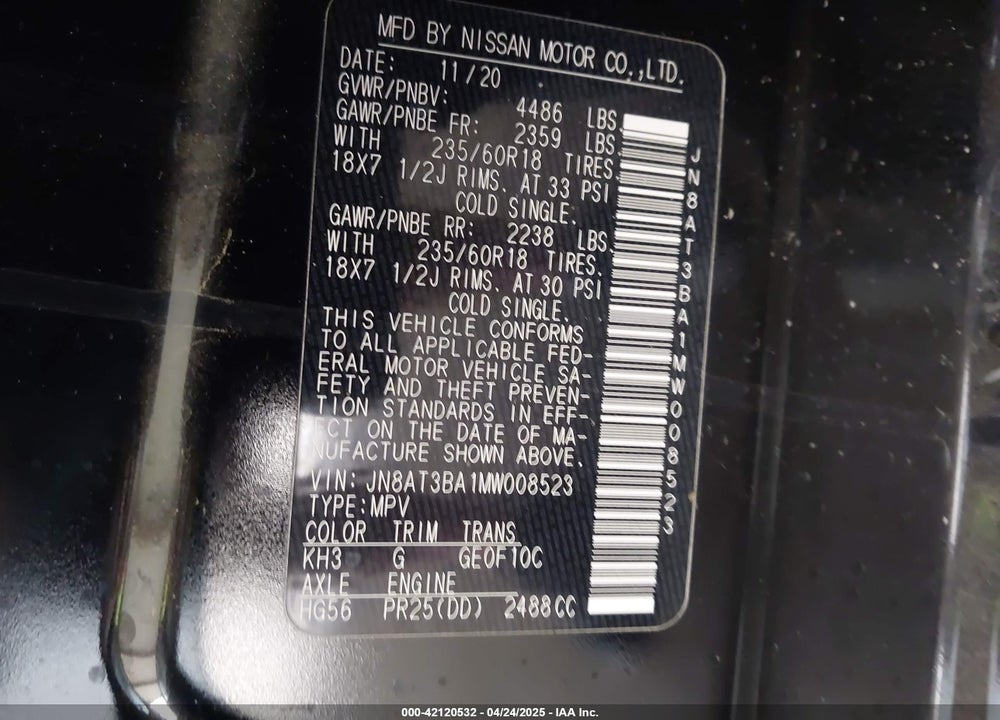 2021 NISSAN ROGUE VIN: JN8AT3BA1MW008523