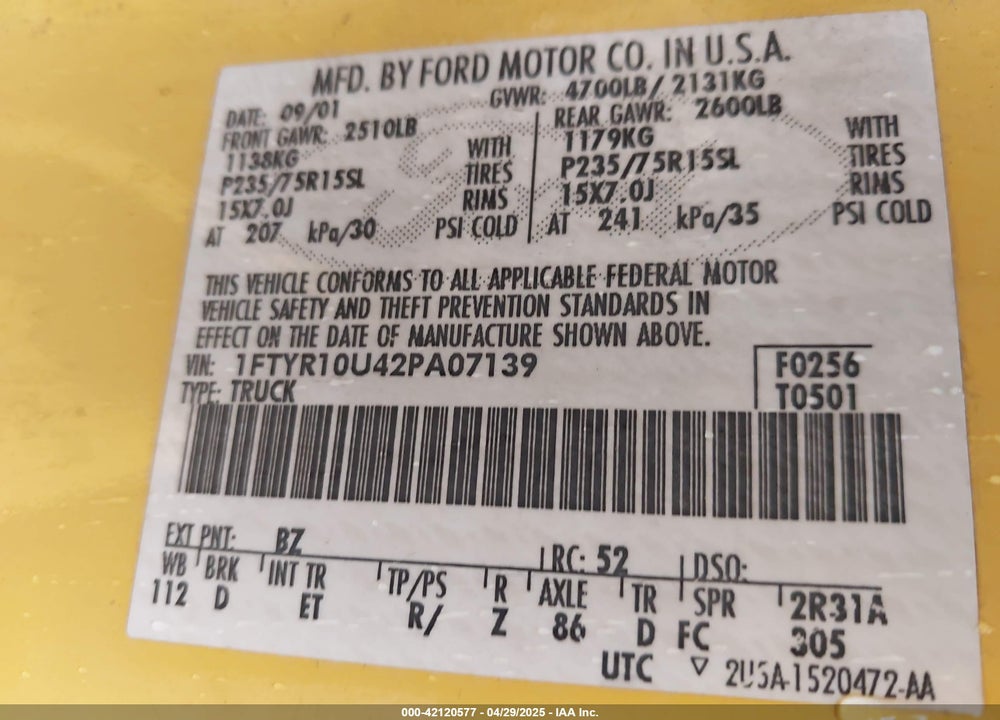 2002 FORD RANGER EDGE/XL/XLT VIN: 1FTYR10U42PA07139