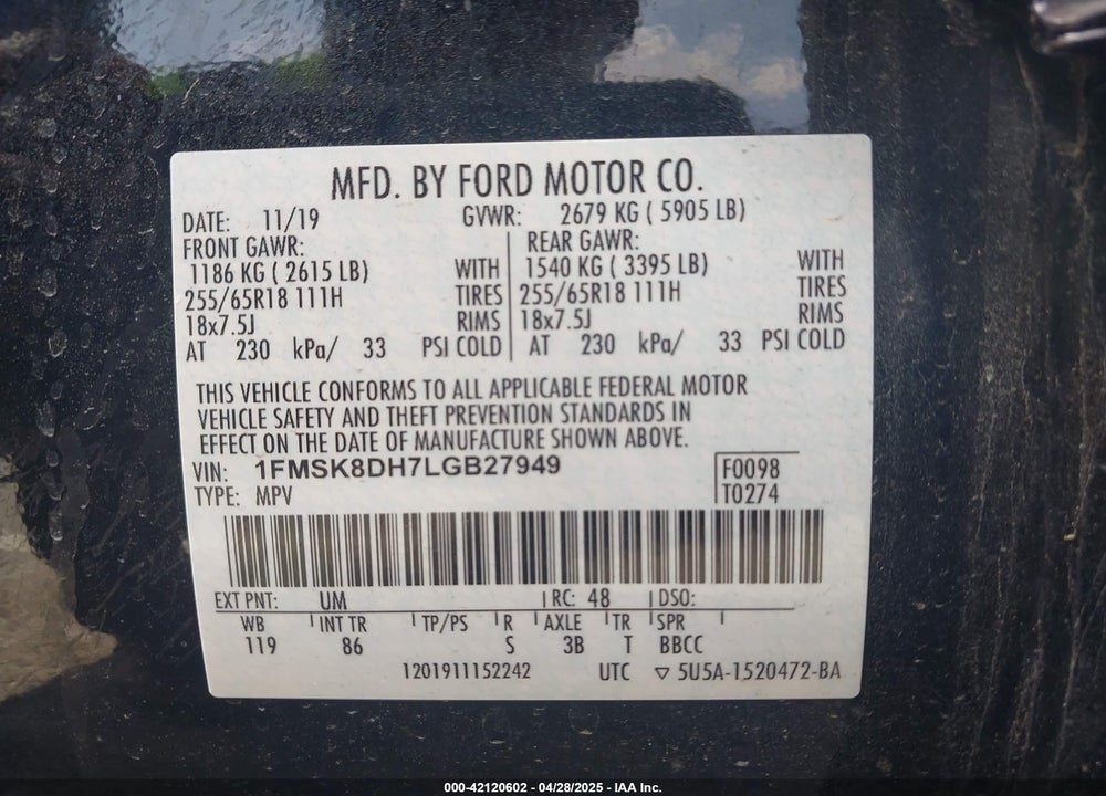 2020 FORD EXPLORER VIN: 1FMSK8DH7LGB27949