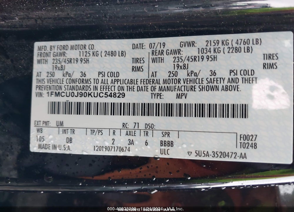 2019 FORD ESCAPE VIN: 1FMCU0J90KUC54829