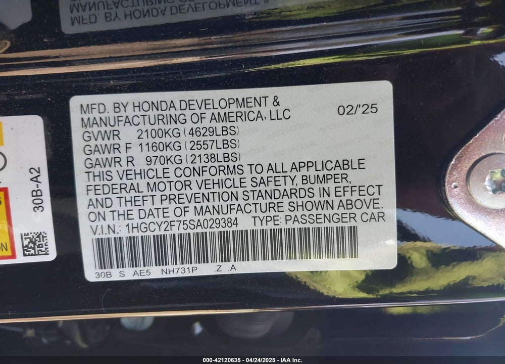 2025 HONDA ACCORD VIN: 1HGCY2F75SA029384