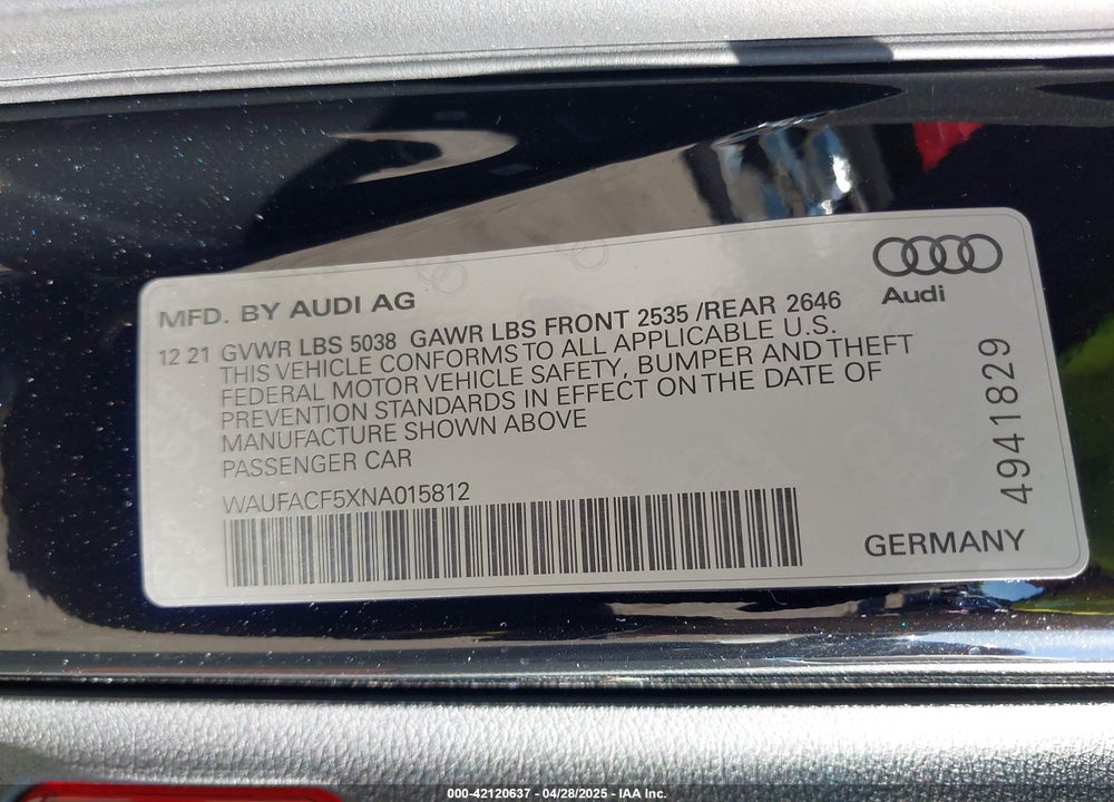 2022 AUDI A5 VIN: WAUFACF5XNA015812