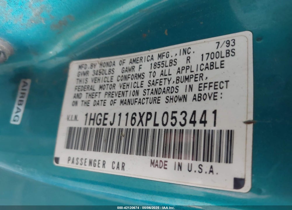 1993 HONDA CIVIC EX VIN: 1HGEJ116XPL053441