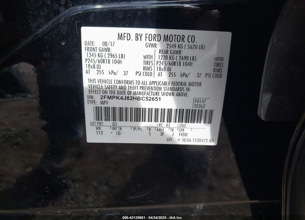 2017 FORD EDGE VIN: 2FMPK4J82HBC52651