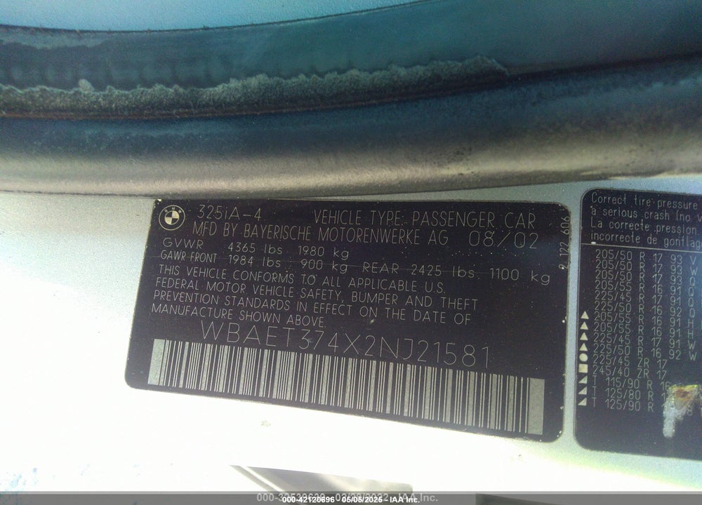 2002 BMW 3 SERIES 325I VIN: WBAET374X2NJ21581