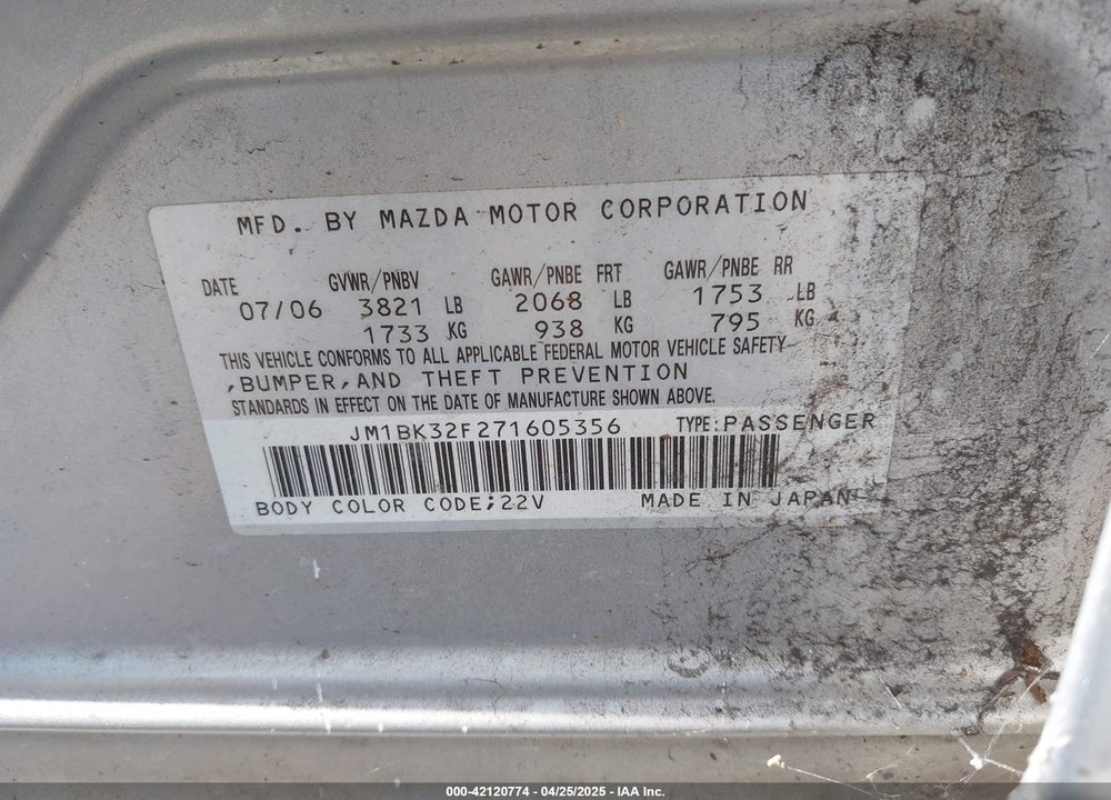2007 MAZDA 3 I VIN: JM1BK32F271605356