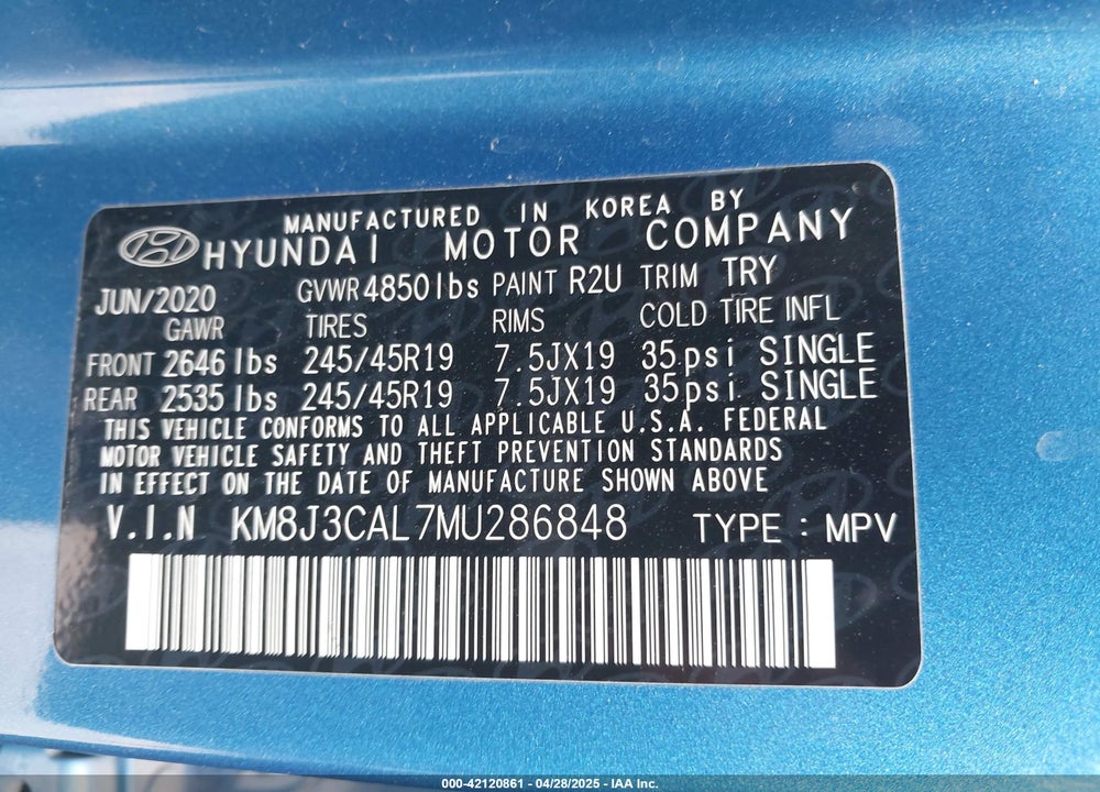 2021 HYUNDAI TUCSON VIN: KM8J3CAL7MU286848
