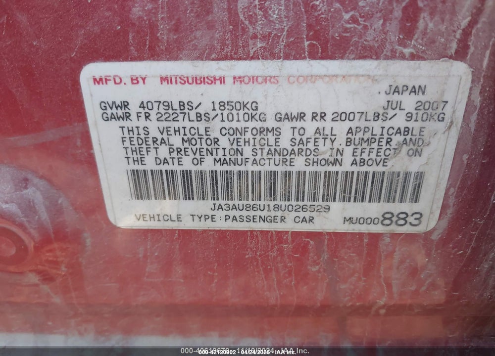 2008 MITSUBISHI LANCER VIN: JA3AU86U18U026529