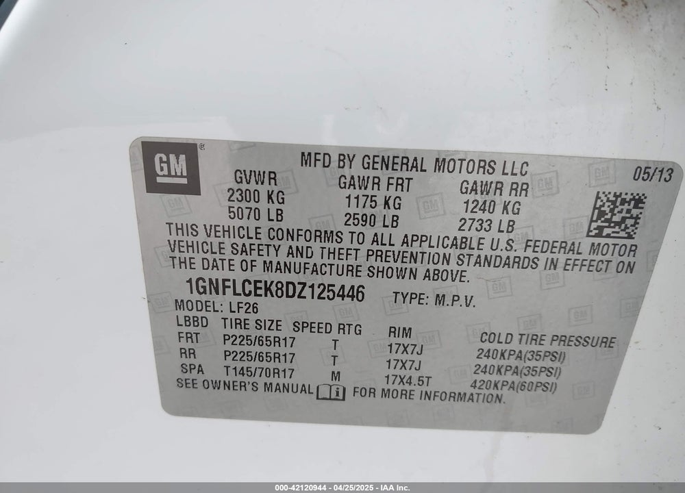 2013 CHEVROLET EQUINOX LS VIN: 1GNFLCEK8DZ125446
