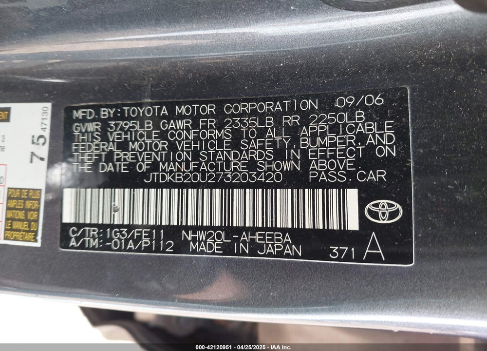2007 TOYOTA PRIUS VIN: JTDKB20U273203420