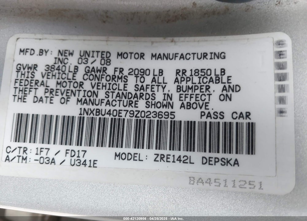 2009 TOYOTA COROLLA VIN: 1NXBU40E79Z023695