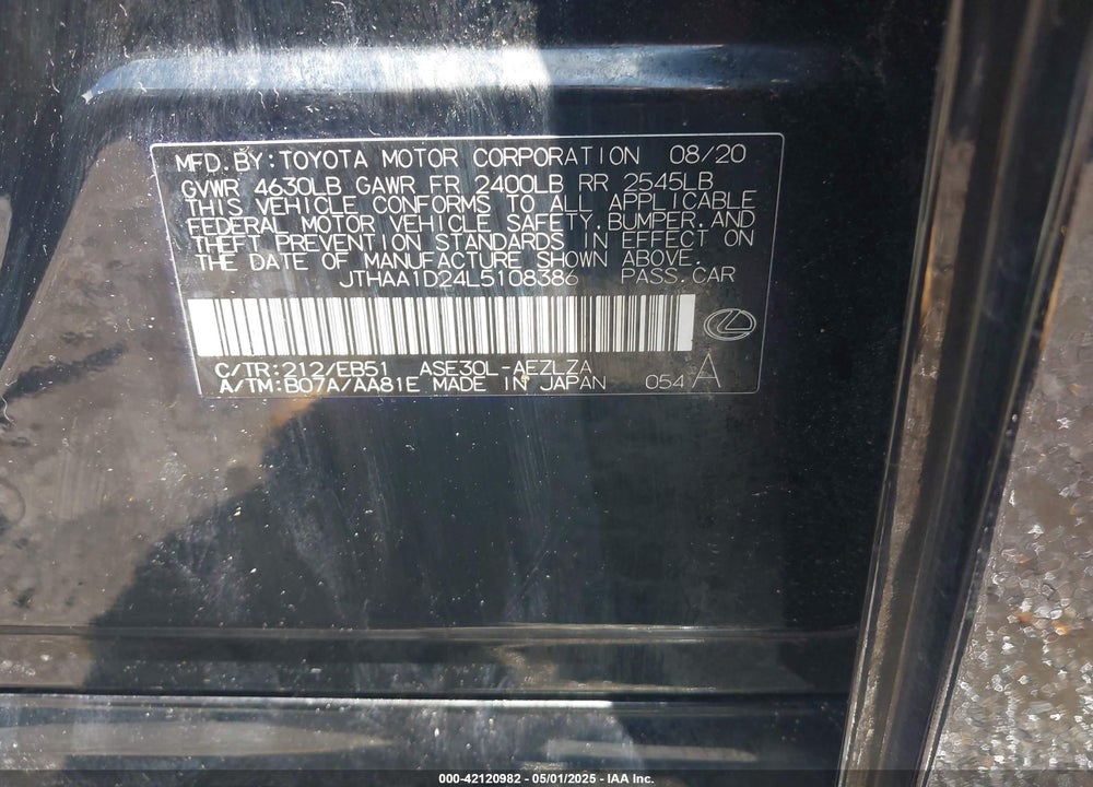 2020 LEXUS IS 300 VIN: JTHAA1D24L5108386