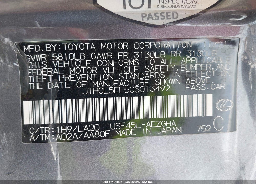 2012 LEXUS LS 460 VIN: JTHCL5EF5C5013492