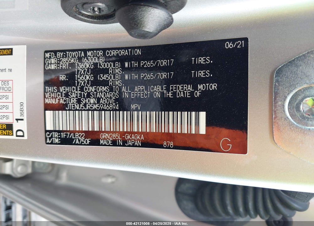 2021 TOYOTA 4RUNNER VIN: JTENU5JR5M5946894
