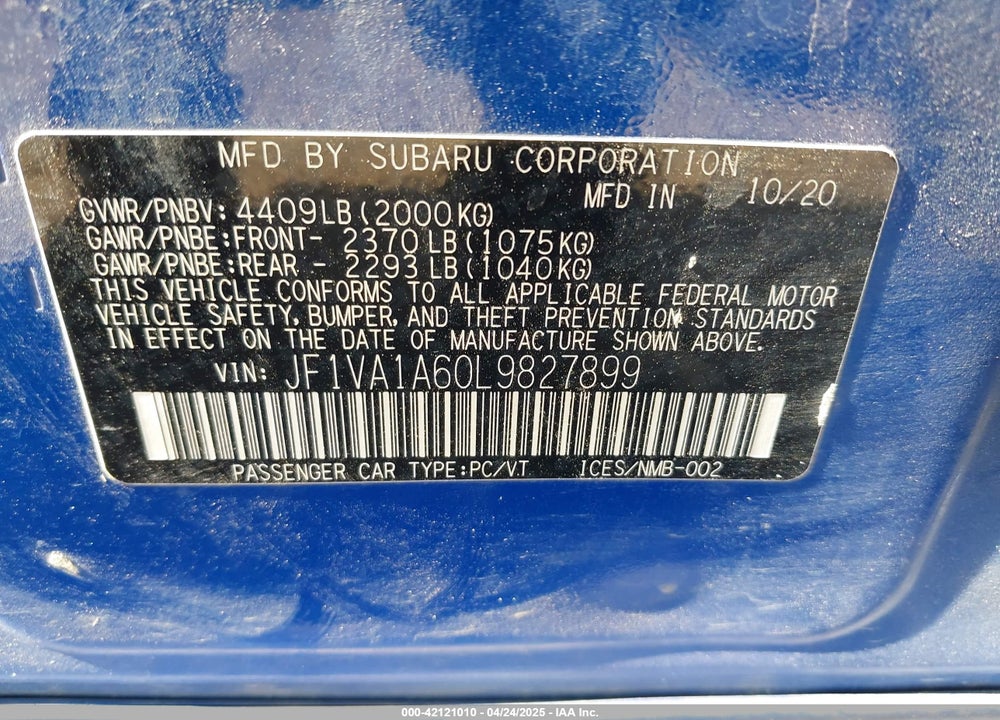 2020 SUBARU WRX VIN: JF1VA1A60L9827899