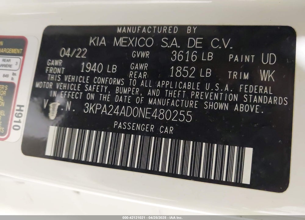 2022 KIA RIO VIN: 3KPA24AD0NE480255
