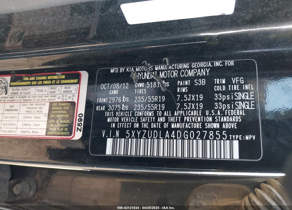 2013 HYUNDAI SANTA FE SPORT VIN: 5XYZUDLA4DG027855