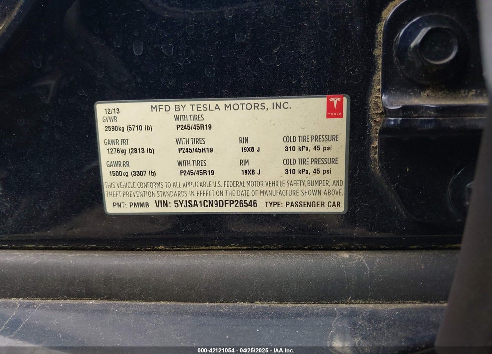 2013 TESLA MODEL S VIN: 5YJSA1CN9DFP26546