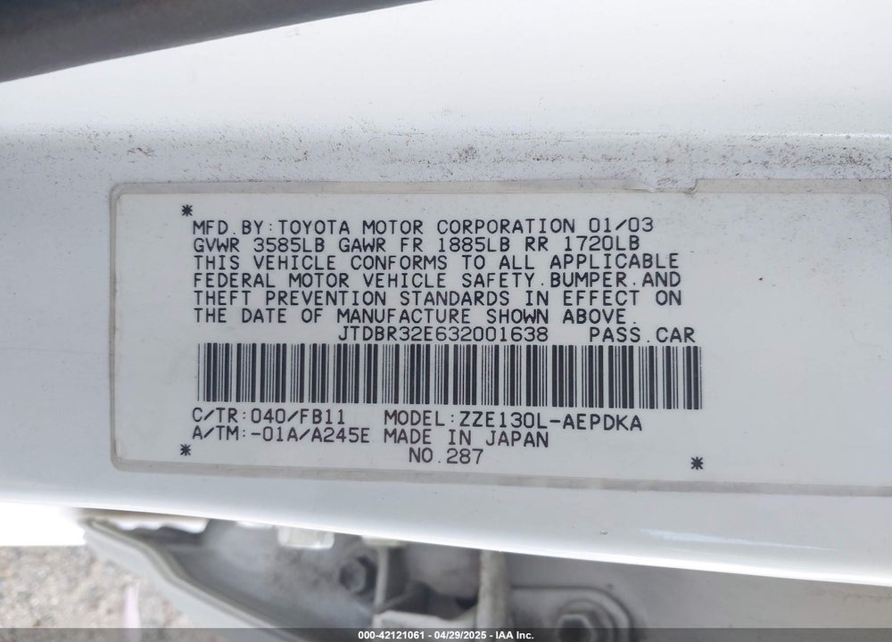 2003 TOYOTA COROLLA CE VIN: JTDBR32E632001638