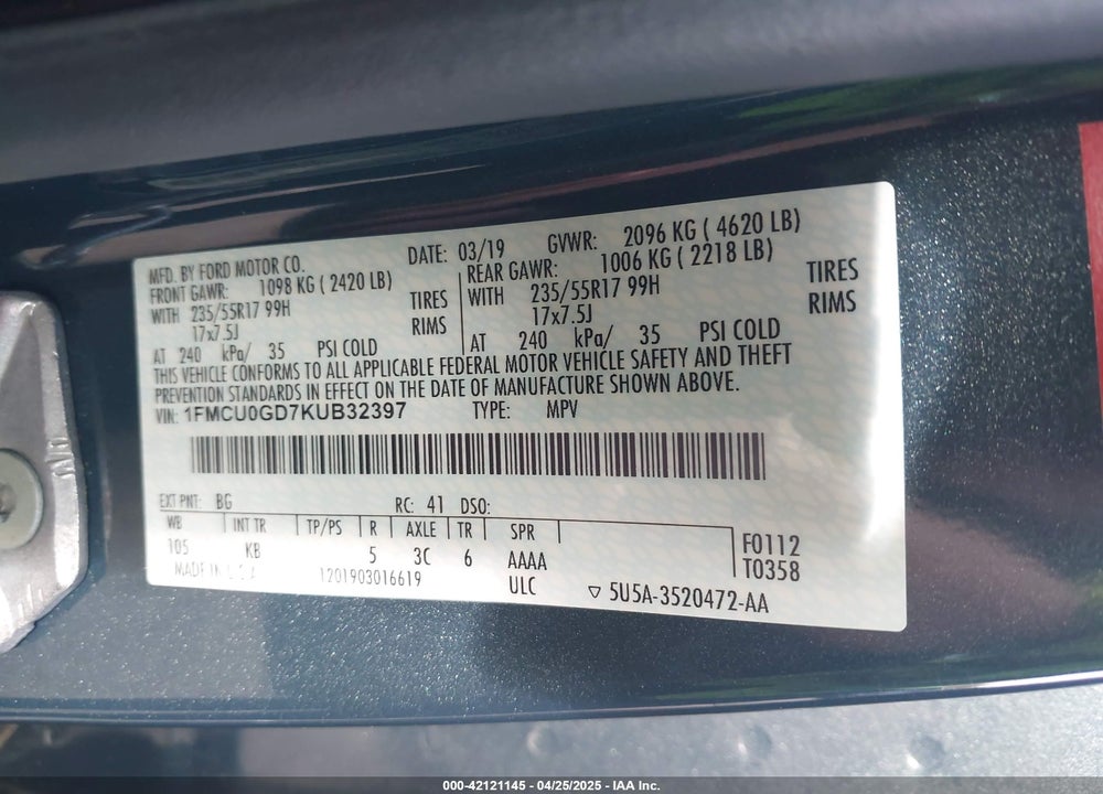 2019 FORD ESCAPE SE VIN: 1FMCU0GD7KUB32397