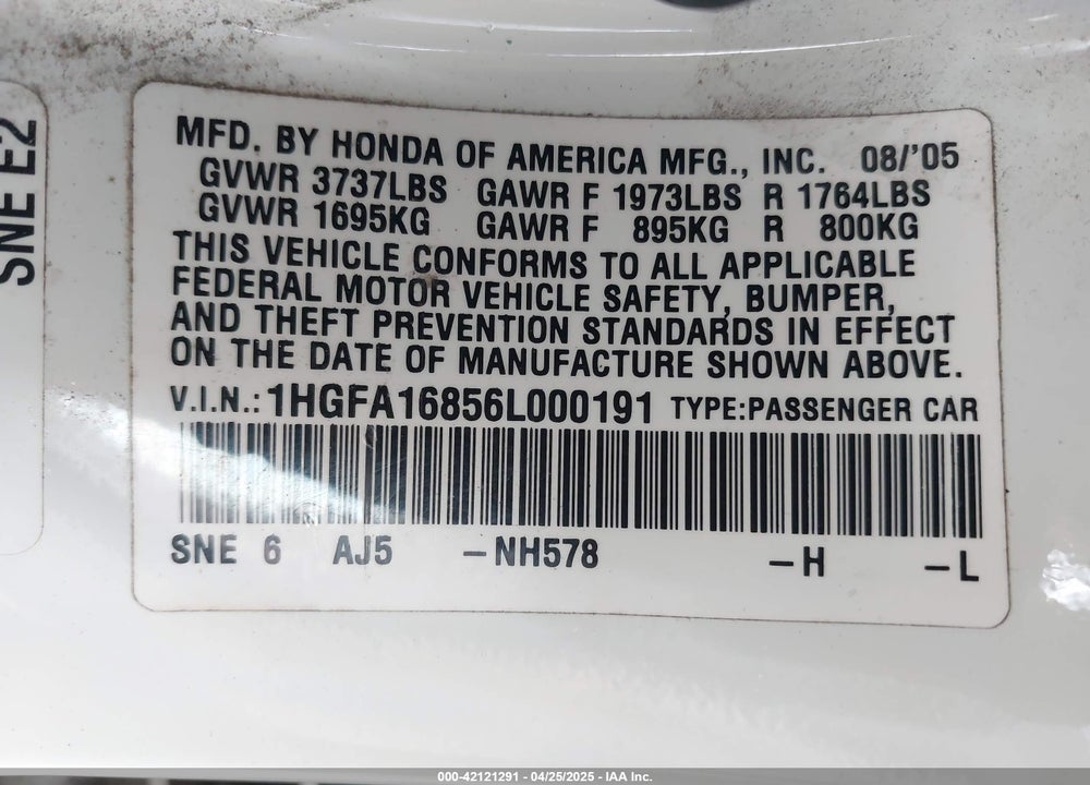 2006 HONDA CIVIC EX VIN: 1HGFA16856L000191