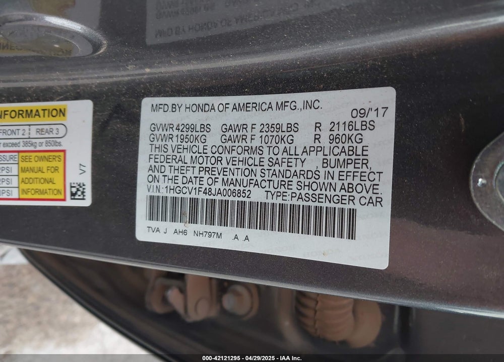 2018 HONDA ACCORD VIN: 1HGCV1F48JA006852