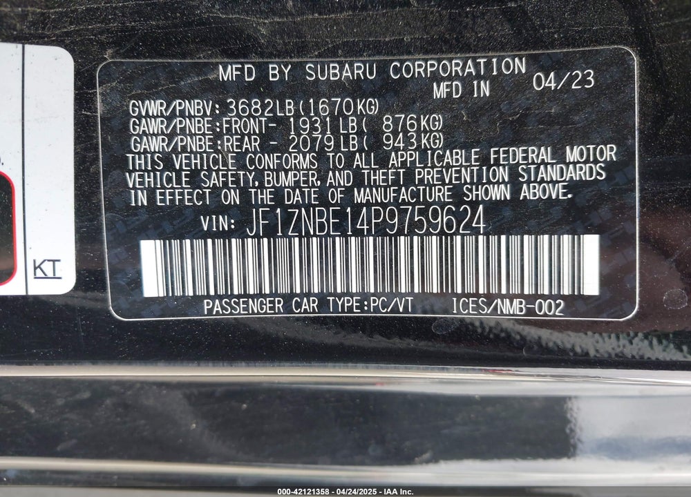 2023 TOYOTA GR 86 VIN: JF1ZNBE14P9759624