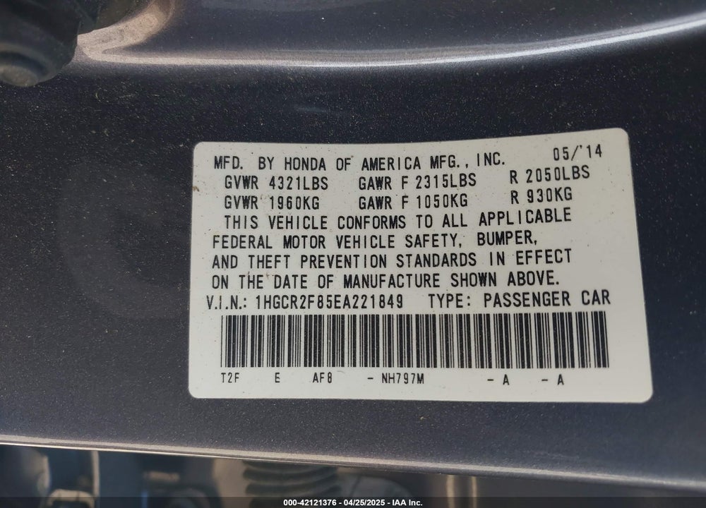 2014 HONDA ACCORD EX-L VIN: 1HGCR2F85EA221849