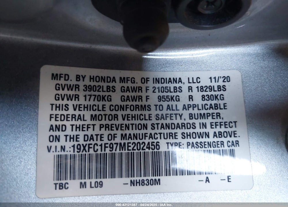2021 HONDA CIVIC TOURING VIN: 19XFC1F97ME202456