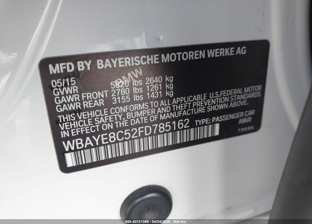 2015 BMW 7 SERIES VIN: WBAYE8C52FD785162