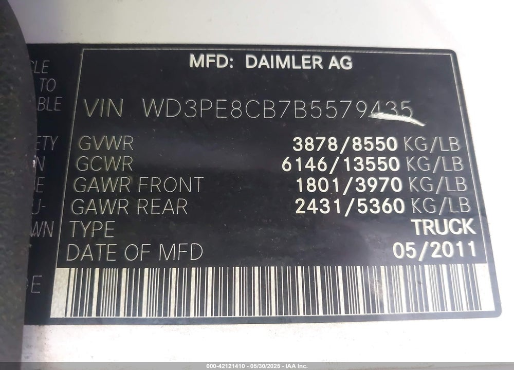2011 MERCEDES-BENZ SPRINTER 2500 HIGH ROOF VIN: WD3PE8CB7B5579435