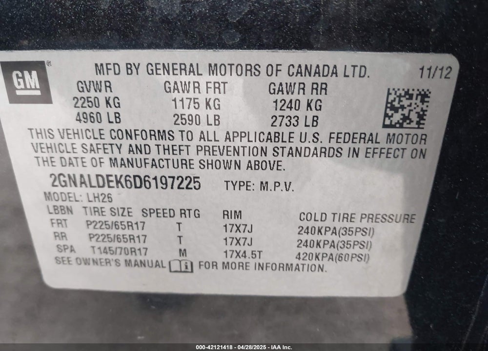 2013 CHEVROLET EQUINOX VIN: 2GNALDEK6D6197225