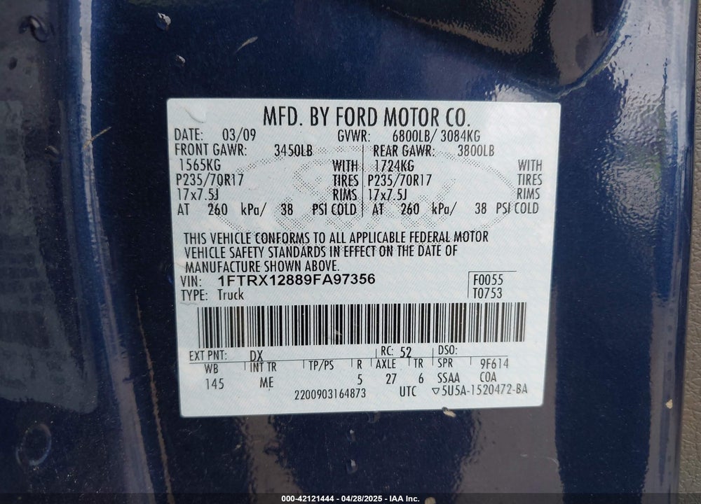 2009 FORD F-150 VIN: 1FTRX12889FA97356