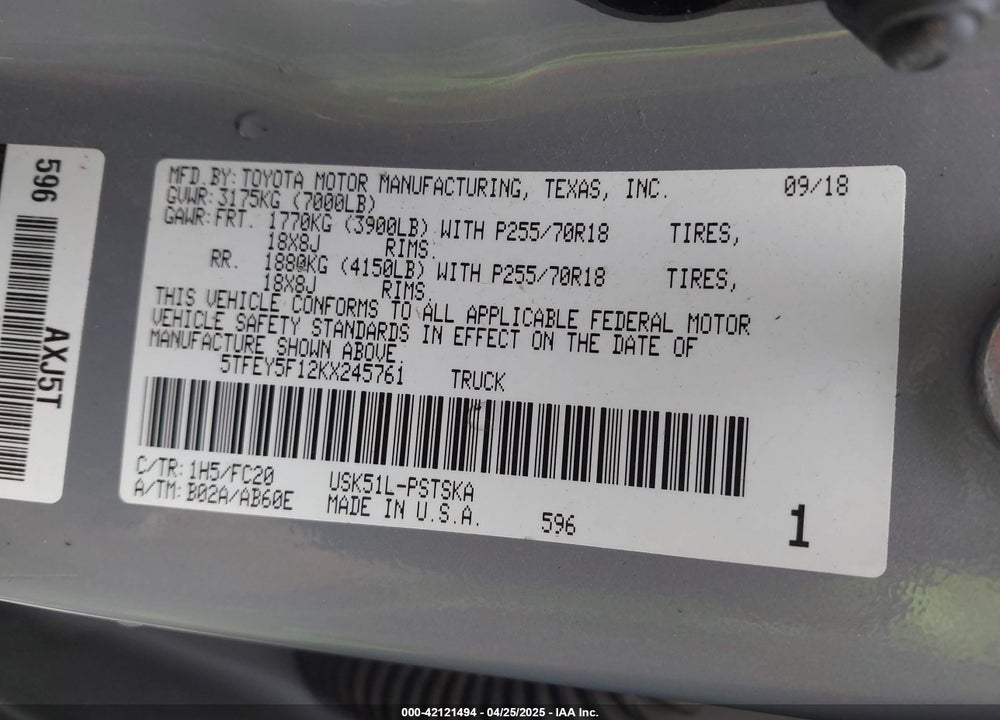 2019 TOYOTA TUNDRA VIN: 5TFEY5F12KX245761