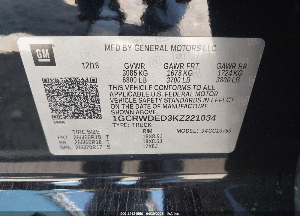 2019 CHEVROLET SILVERADO 1500 RST VIN: 1GCRWDED3KZ221034