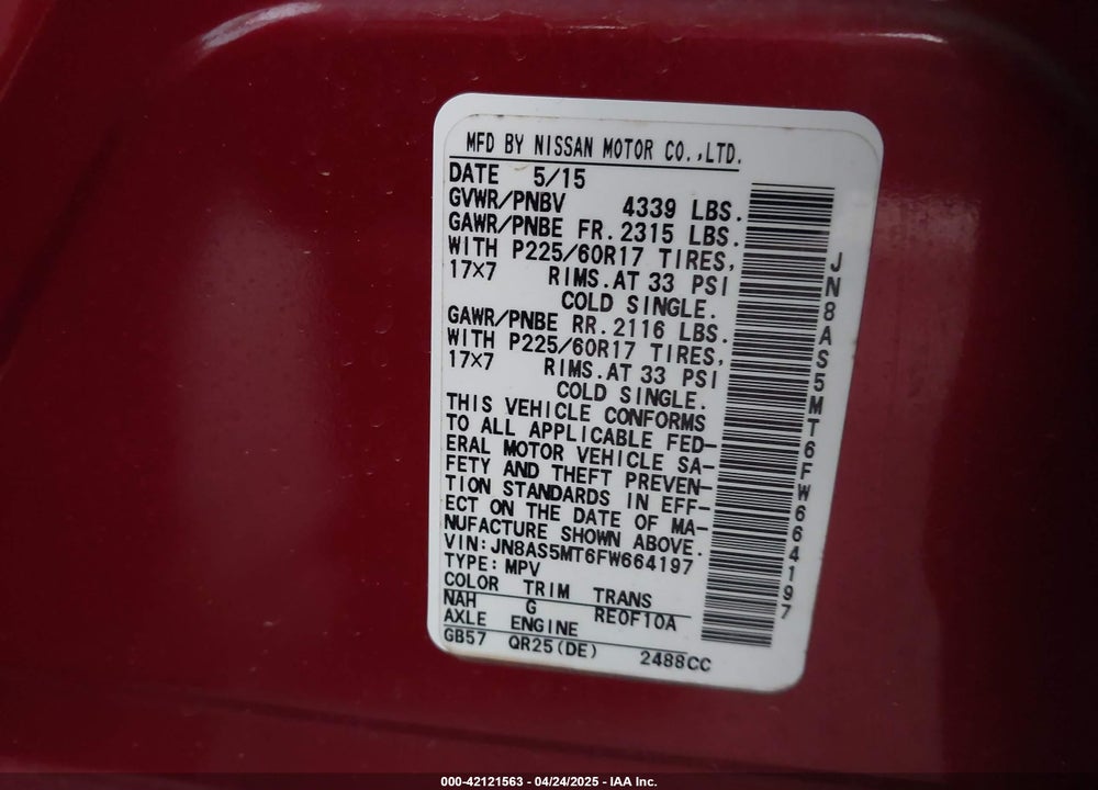 2015 NISSAN ROGUE SELECT VIN: JN8AS5MT6FW664197