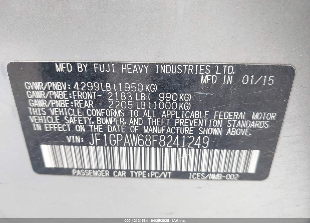 2015 SUBARU IMPREZA VIN: JF1GPAW68F8241249
