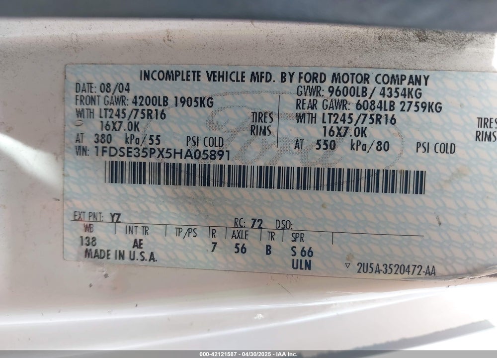 2005 FORD E-350 CUTAWAY STANDARD VIN: 1FDSE35PX5HA05891