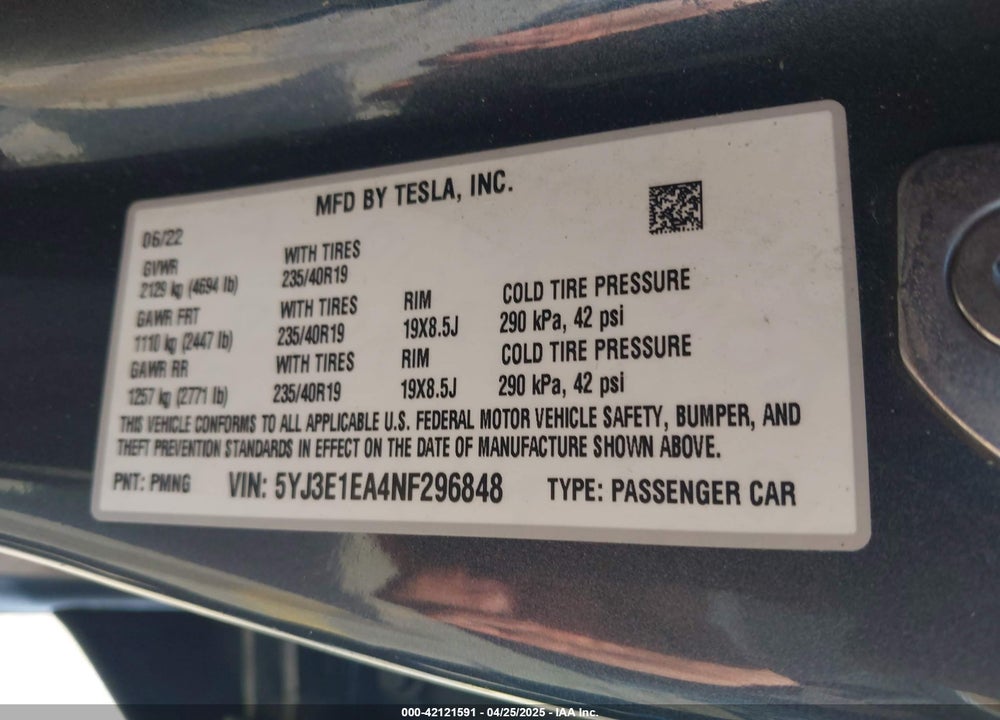 2022 TESLA MODEL 3 REAR-WHEEL DRIVE VIN: 5YJ3E1EA4NF296848