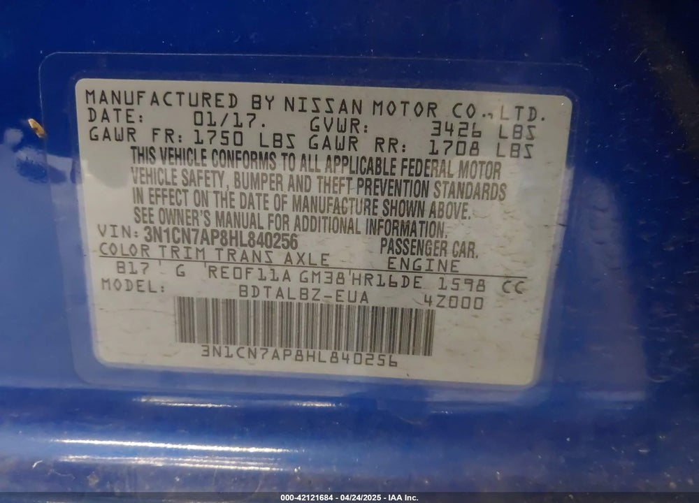 2017 NISSAN VERSA VIN: 3N1CN7AP8HL840256