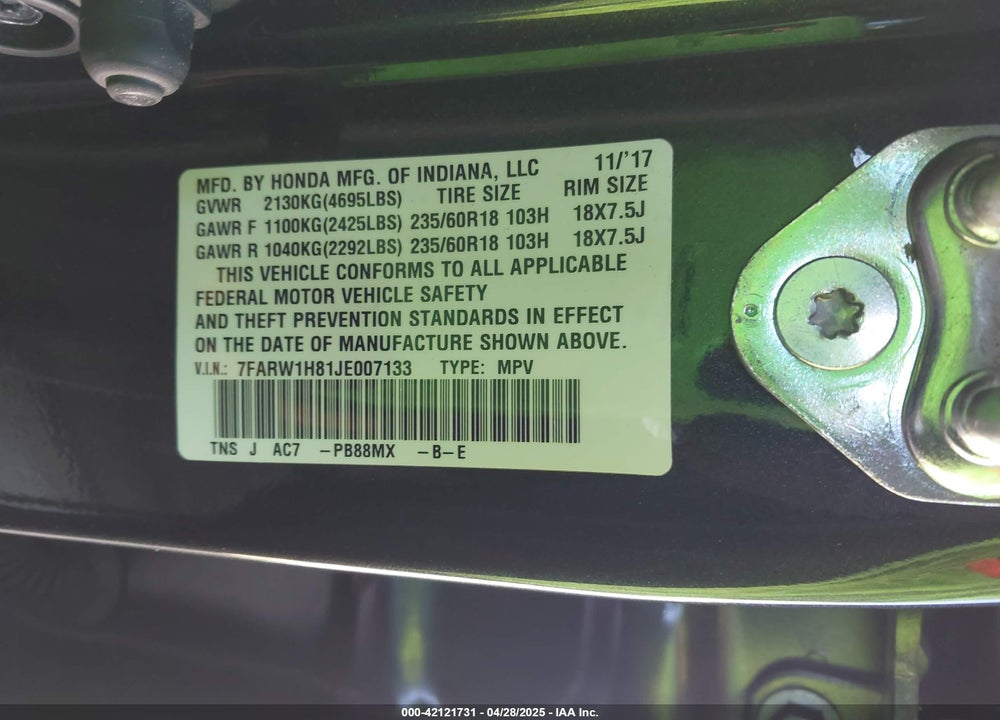 2018 HONDA CR-V EX-L/EX-L NAVI VIN: 7FARW1H81JE007133