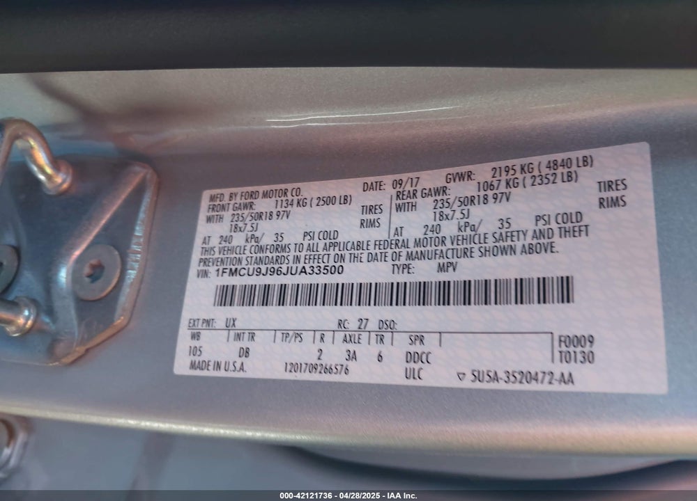 2018 FORD ESCAPE VIN: 1FMCU9J96JUA33500