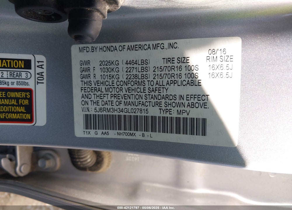2016 HONDA CR-V VIN: 5J6RM3H34GL027815