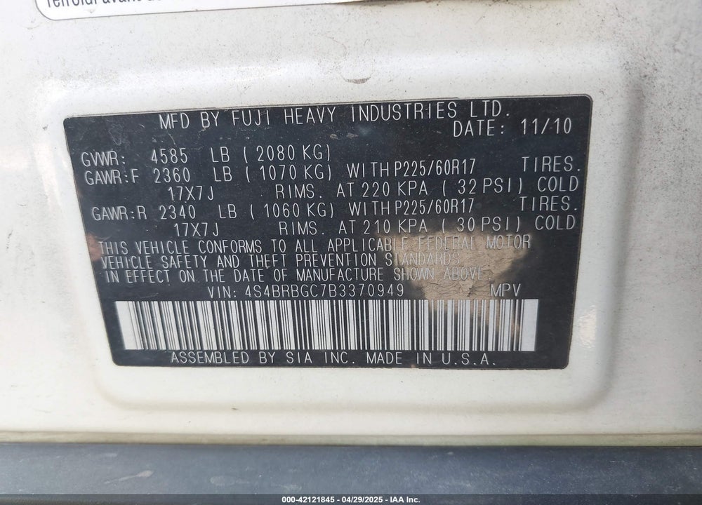 2011 SUBARU OUTBACK VIN: 4S4BRBGC7B3370949