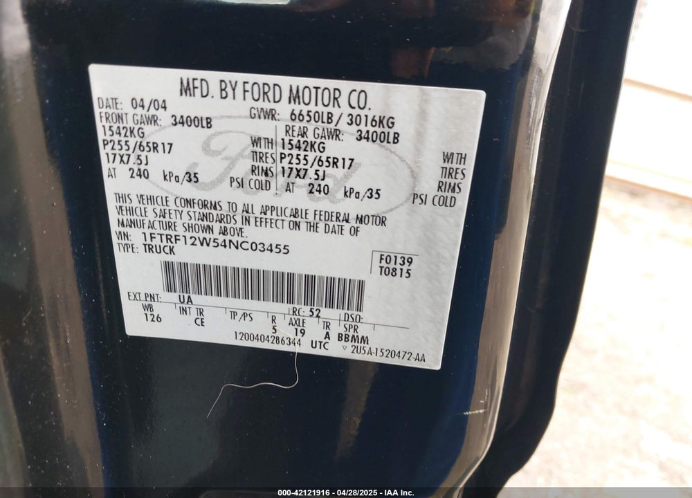 2004 FORD F-150 STX/XL/XLT VIN: 1FTRF12W54NC03455