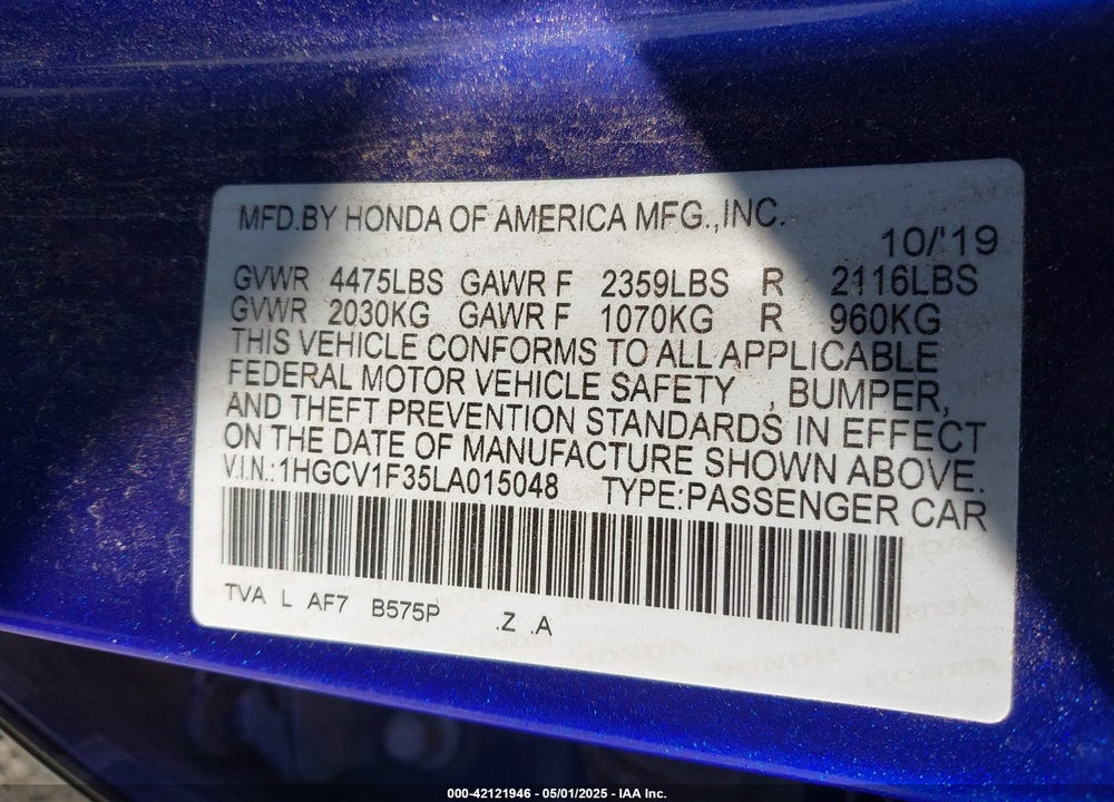 2020 HONDA ACCORD SPORT VIN: 1HGCV1F35LA015048